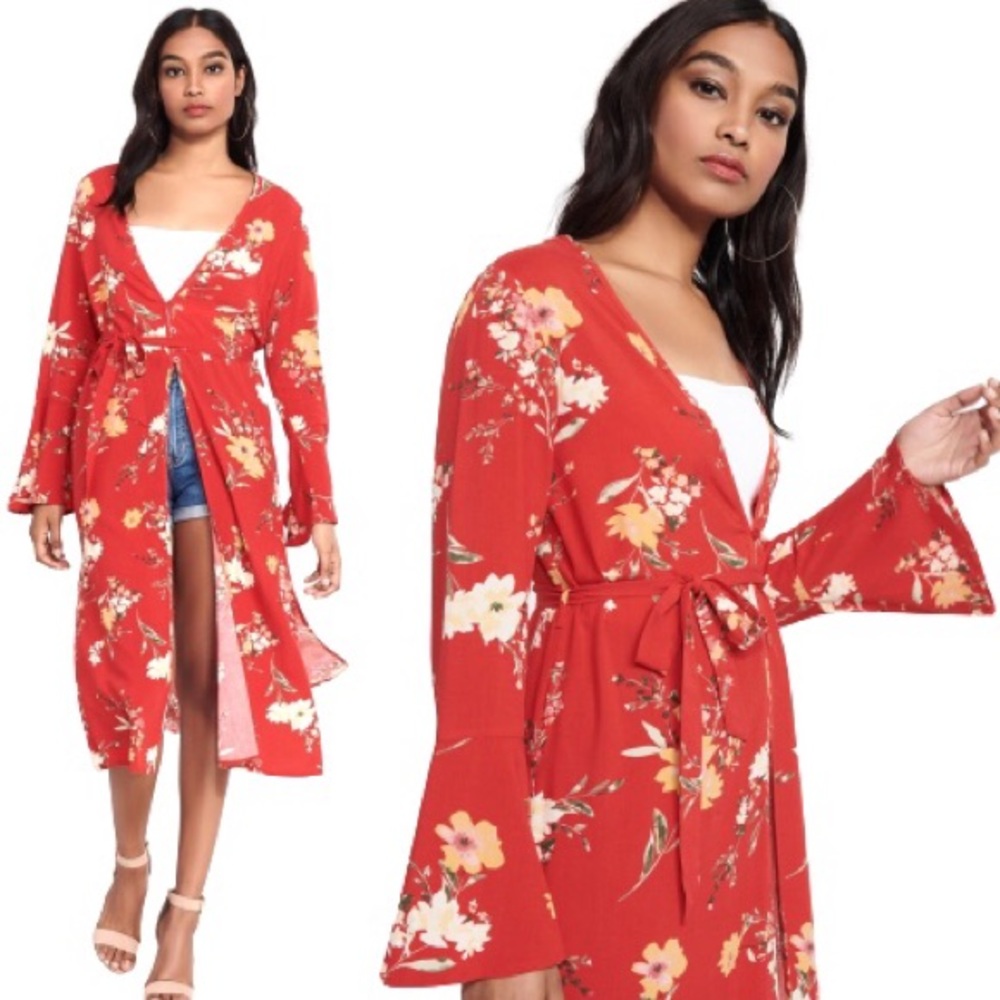 Bell Sleeve Red Floral Maxi Kimono Robe NWT